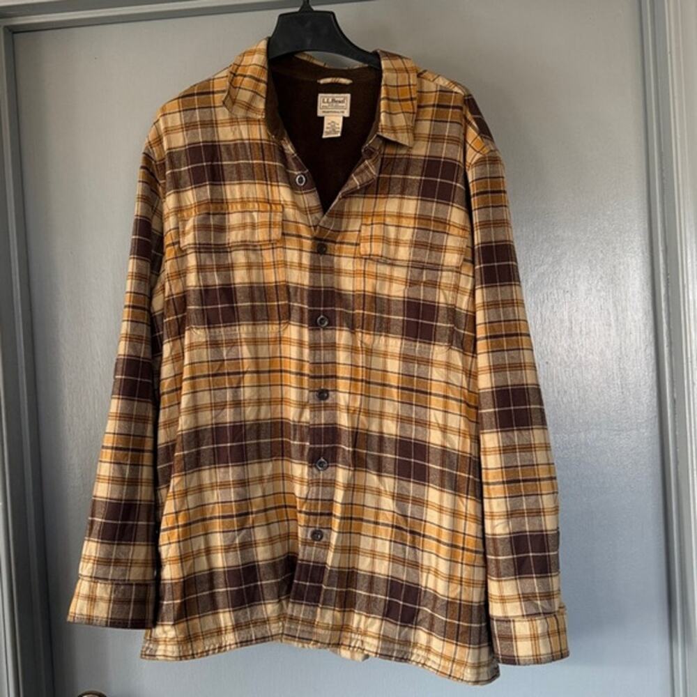 LL Bean Gold Brown Plaid Cotton Button Shirt Jacket Fleece Lined sz L Pockets